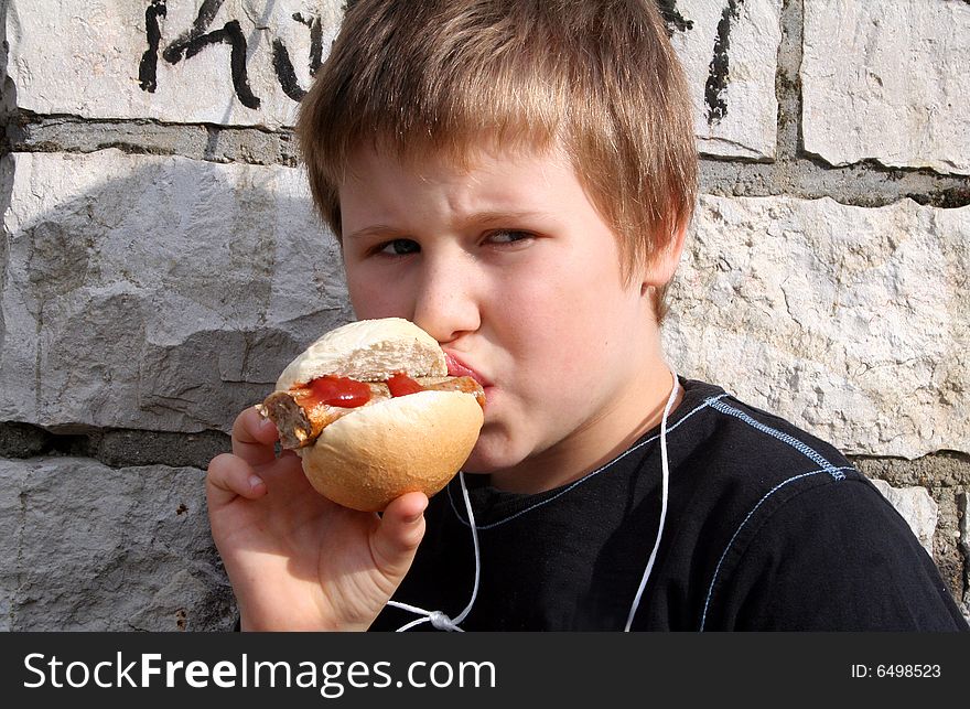 A young boy is eating a sausage