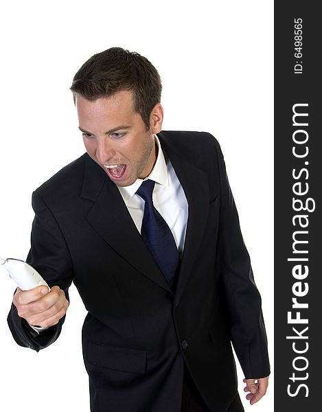 Man shouting on his mobile phone on an isolated  white background