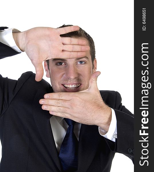 Man making frame shape with fingers on an isolated background