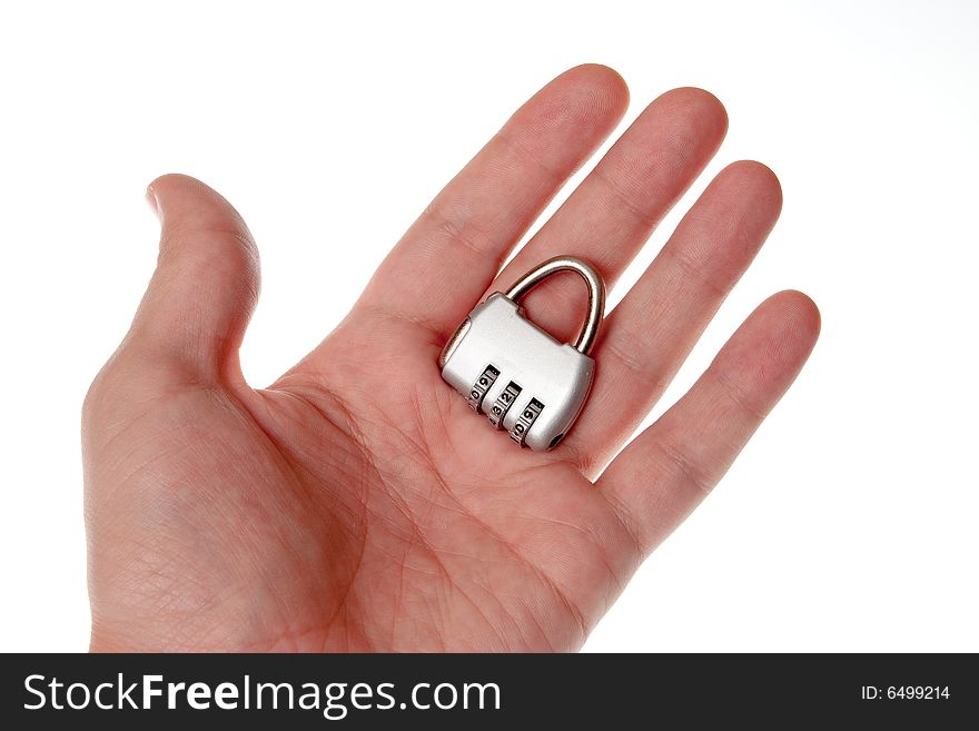 Code lock in hand on a white background