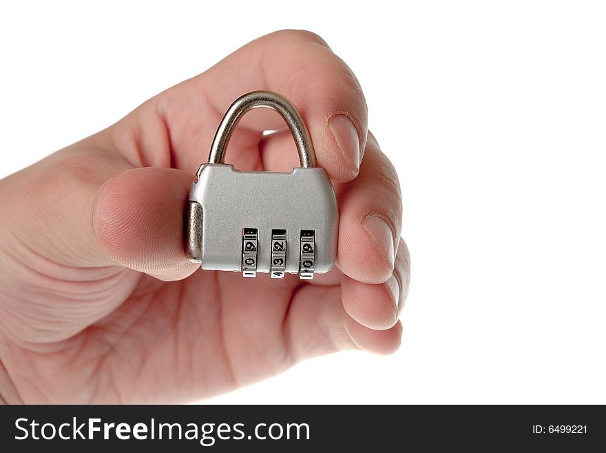 Code lock in hand on a white background