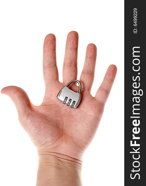 Code lock in hand on a white background