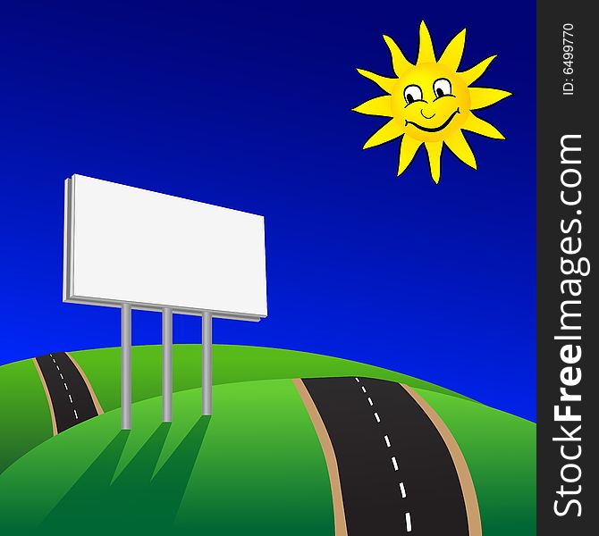 Advertising billboard on road with blue sky and sun vector illustration