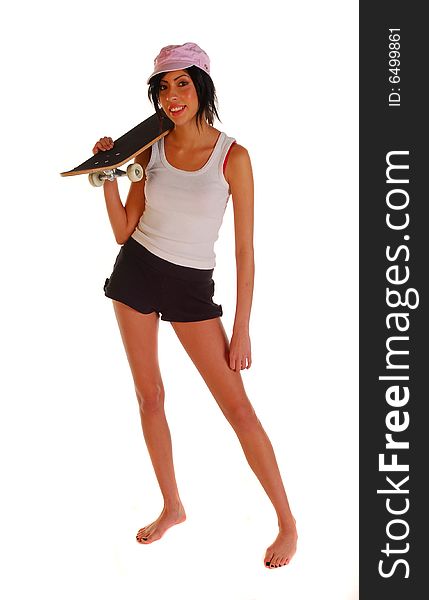 Young attractive latino woman holding a skateboard. Young attractive latino woman holding a skateboard