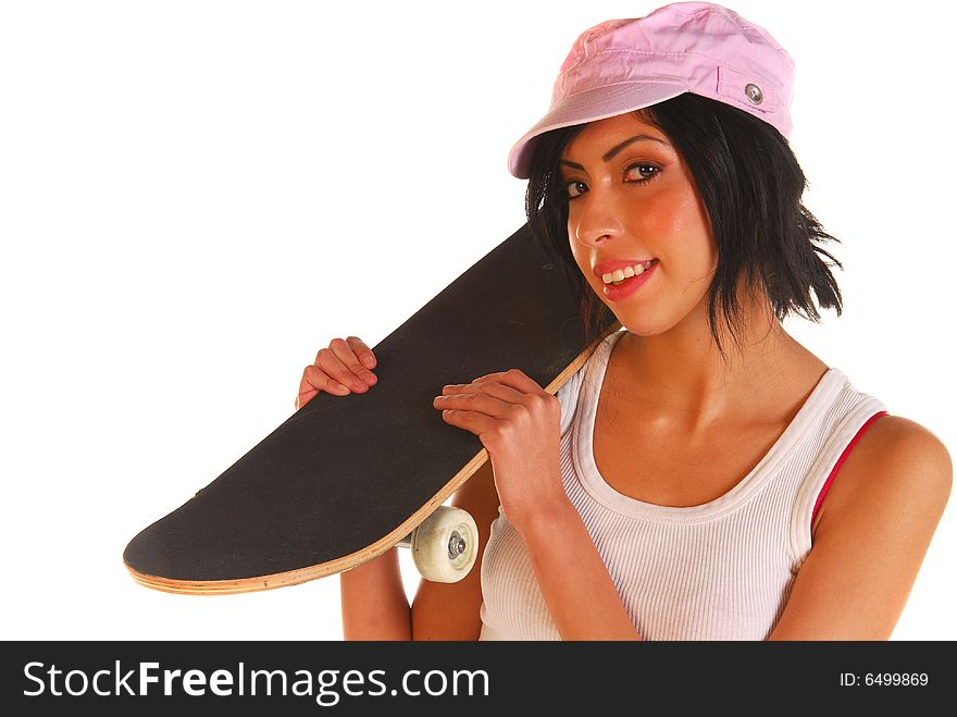 Young attractive latino woman holding a skateboard. Young attractive latino woman holding a skateboard