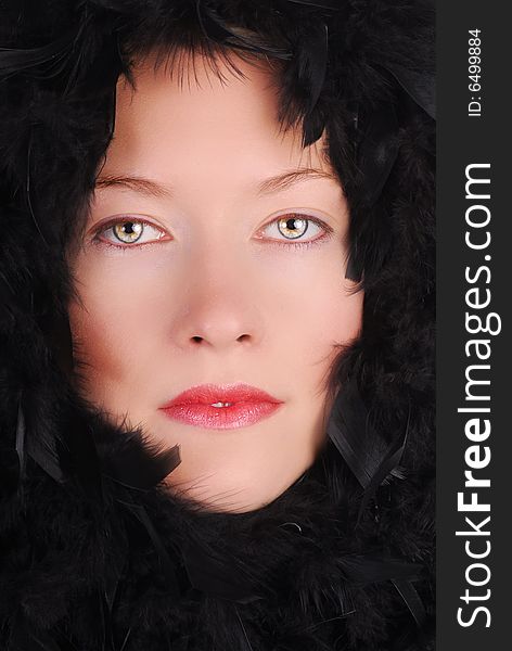 High fashion portrait of an attractive woman with black feathers surrounding her face. High fashion portrait of an attractive woman with black feathers surrounding her face