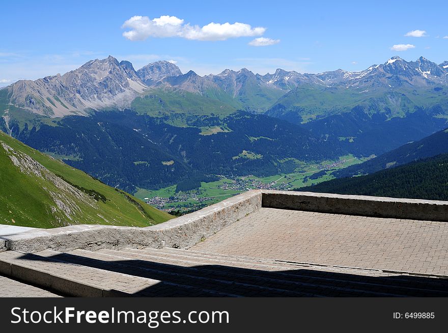 View from the highest monastery and place of pilgrimage in europe. located in the south-western region of switzerland. View from the highest monastery and place of pilgrimage in europe. located in the south-western region of switzerland.