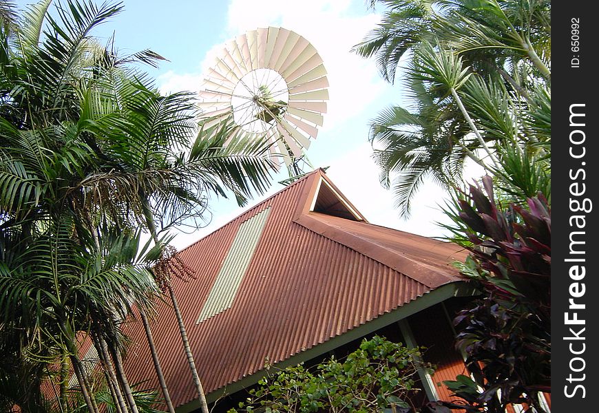 Windmill on an old plantation on the Hawaiian Island of Maui, among some palm trees. Windmill on an old plantation on the Hawaiian Island of Maui, among some palm trees.