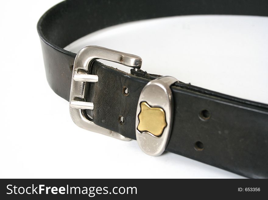Black leather belt on white