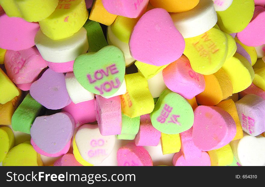 Candy hearts with syrupy messages. Candy hearts with syrupy messages.