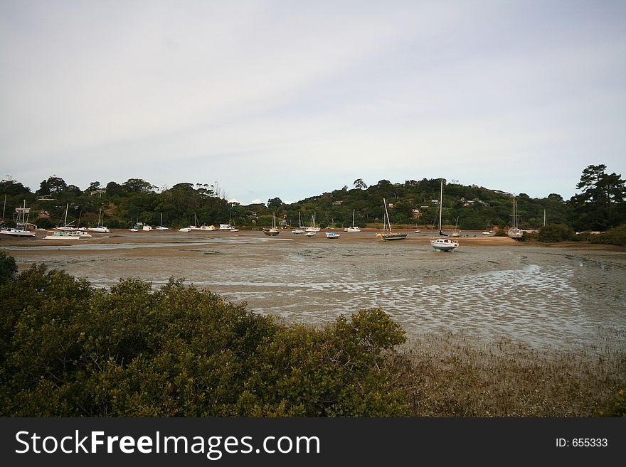 Boat yard at low tide, on Waiheke island, Auckland, New Zealand