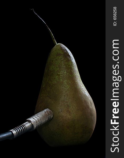 Image of a single pear plugged into an electrical current - conceptual energy. Image of a single pear plugged into an electrical current - conceptual energy