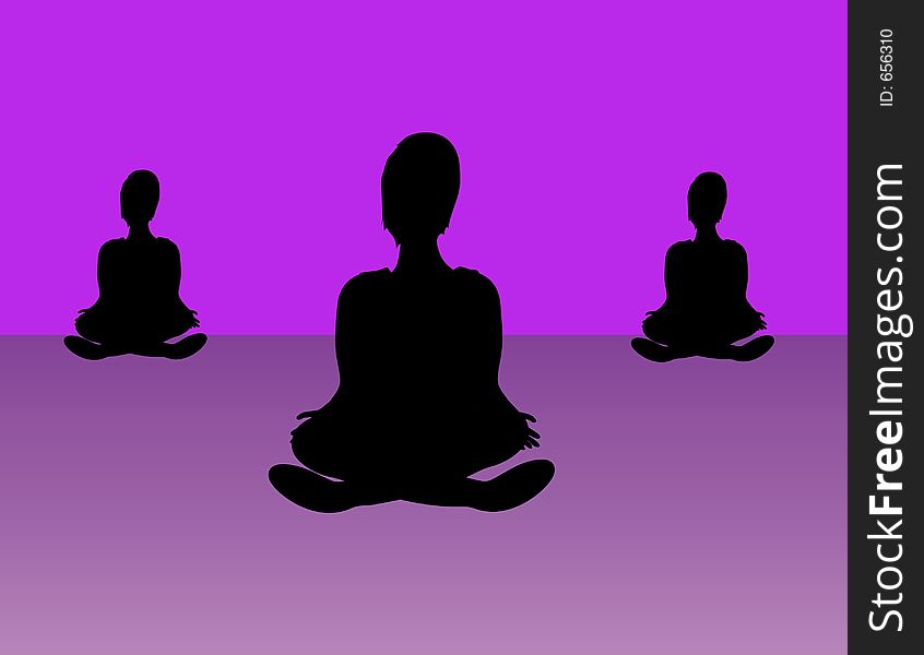 Three woman in yoga class.Silhouette, illustration hand drawn no model used.