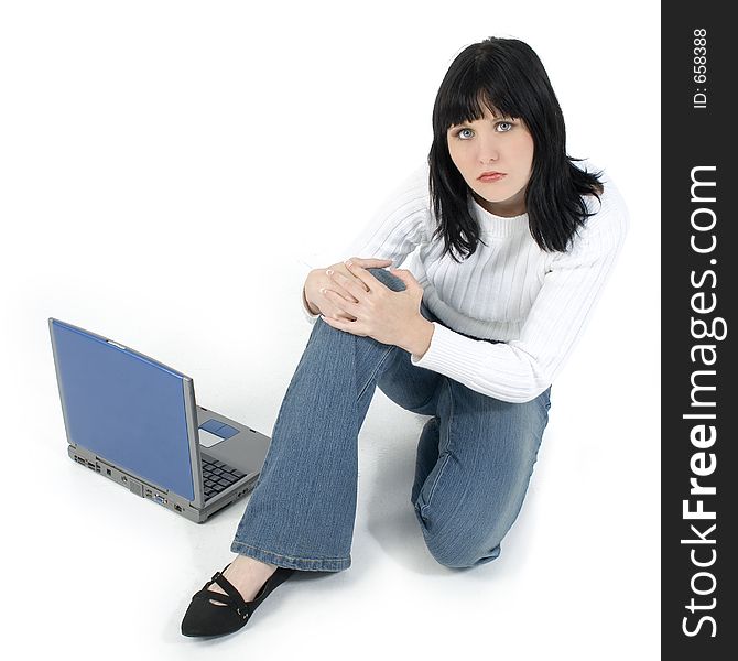 Casual Young Woman With Laptop
