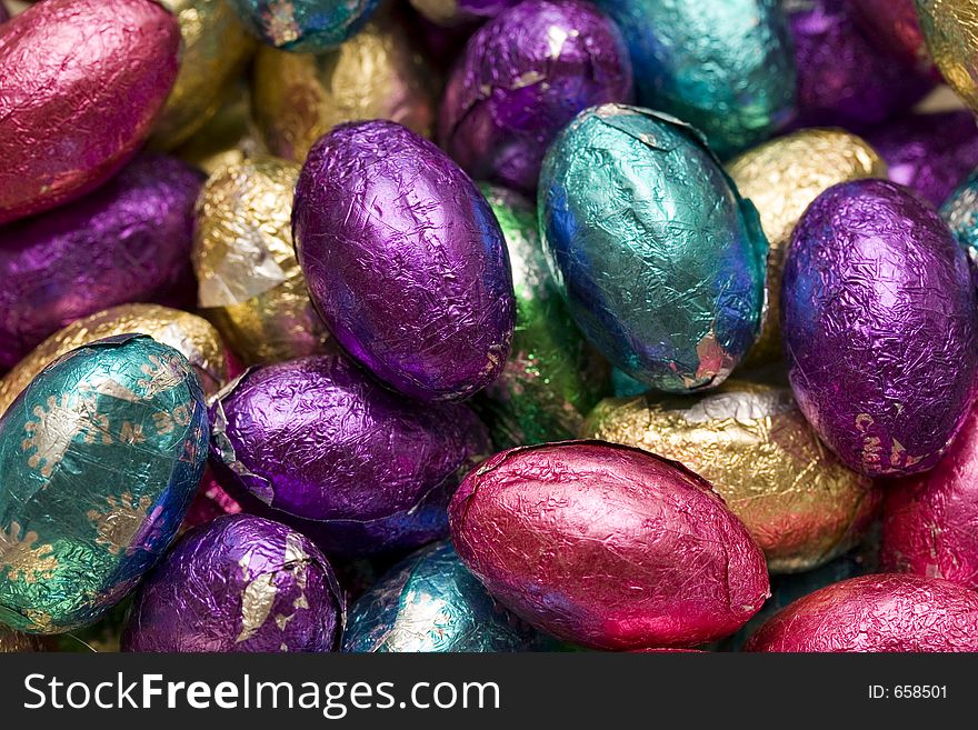 A closeup of a bowl full of foil wrapped chocolate easter eggs