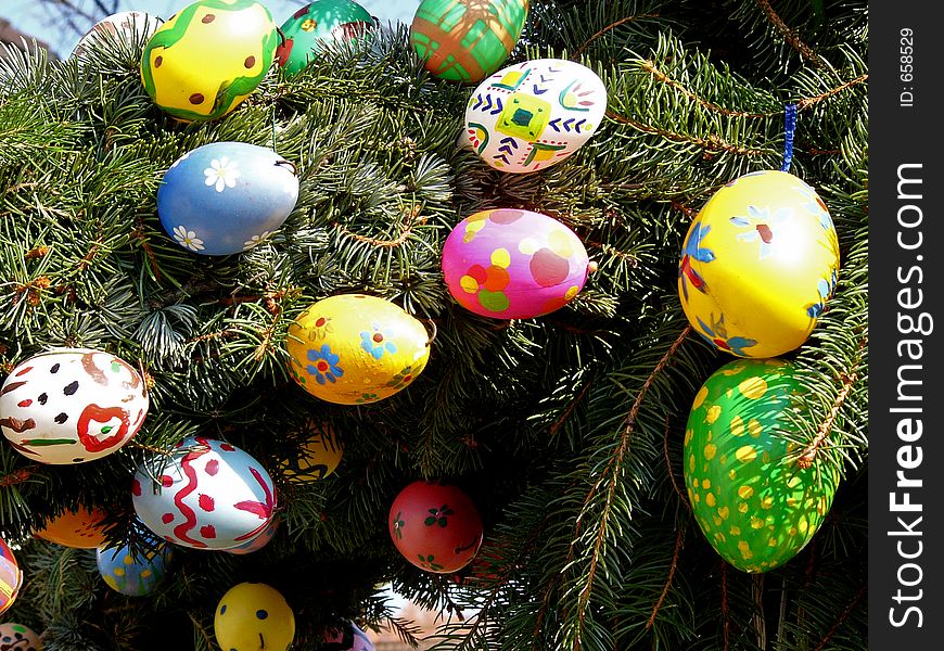 Decorated eastereggs on a fountain. Decorated eastereggs on a fountain