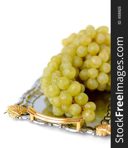 Green grapes on metal tray. Green grapes on metal tray