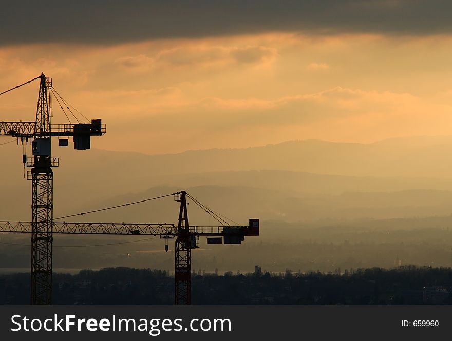 Cranes in the sunset. Contry side and mountains in the back.
