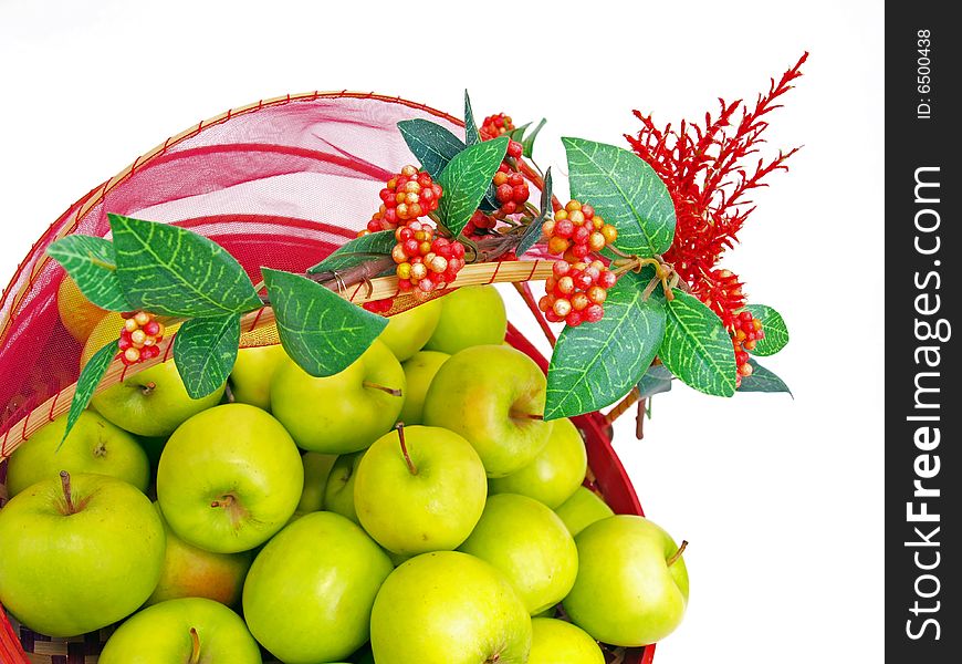 Decorative element on Basket full of fresh Green Apples. Decorative element on Basket full of fresh Green Apples