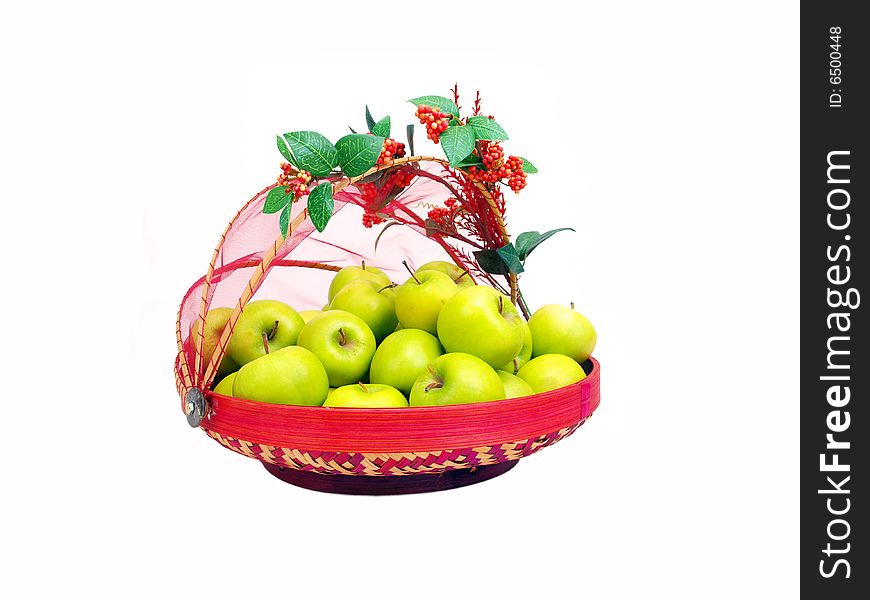 Fresh Green Apples in a decorative traditional native styled basket. Fresh Green Apples in a decorative traditional native styled basket