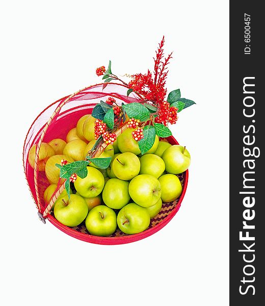 Fresh Green Apples in a decorative traditional native styled basket top view. Fresh Green Apples in a decorative traditional native styled basket top view