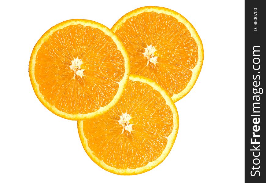Three juicy parts of oranges isolated on white