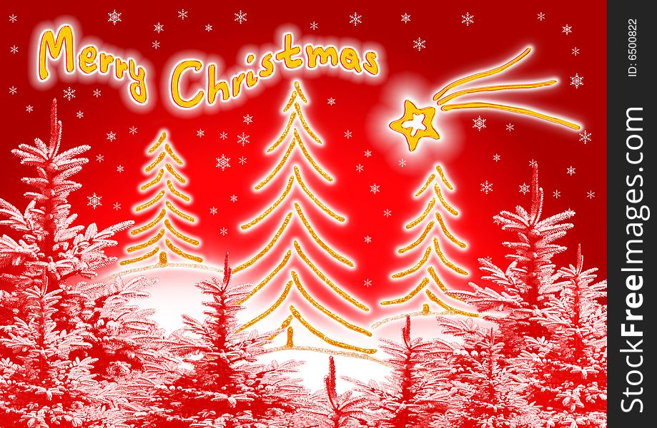 Golden, coniferous trees on red background, winter and Merry Christmas. Golden, coniferous trees on red background, winter and Merry Christmas