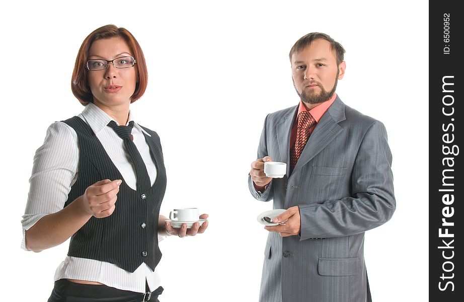 A businessman and businesswoman having coffee - break. A businessman and businesswoman having coffee - break
