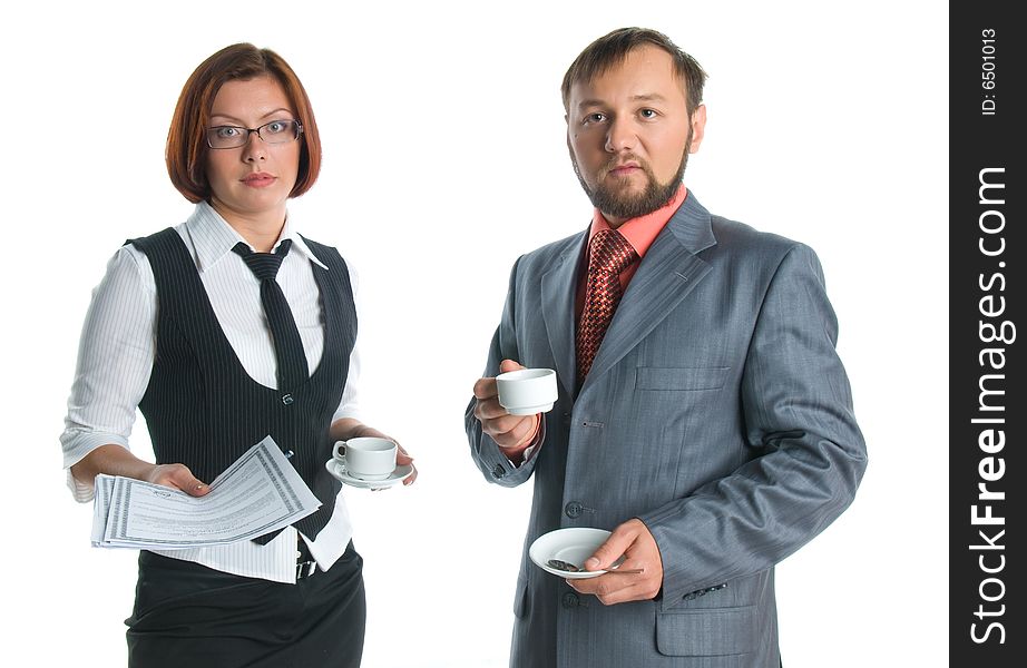 A businessman and businesswoman having coffee - break. A businessman and businesswoman having coffee - break