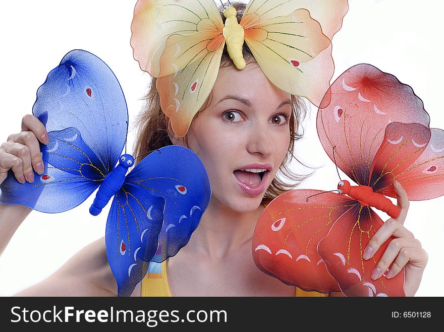Girl With Color Butterflies Isolated On A White Ba