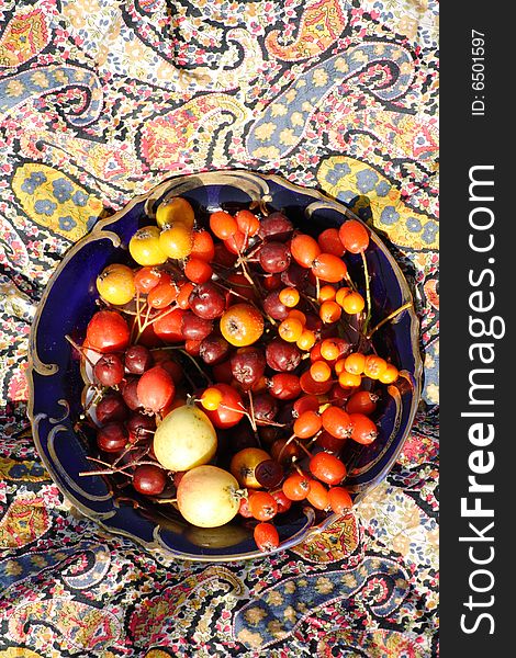 Wild berries and fruits in an ancient plate. Wild berries and fruits in an ancient plate