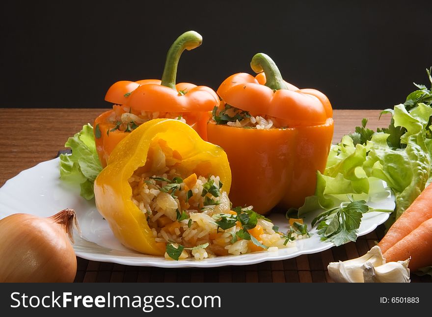 The sweet bulgarian pepper with vegetables and rice. The sweet bulgarian pepper with vegetables and rice