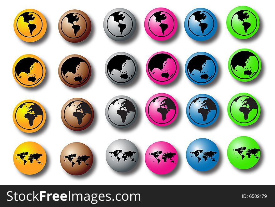 World buttons in varying colors.