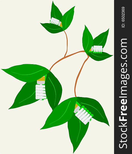 Energy saving light bulbs in green plant. Energy saving light bulbs in green plant