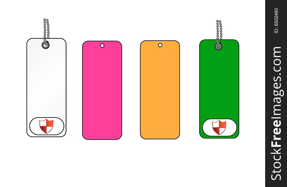 Four tags in varying colors in a white background