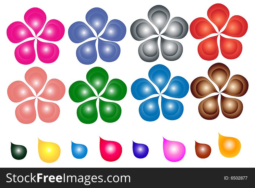 Eight flowers in varying colors in a white background