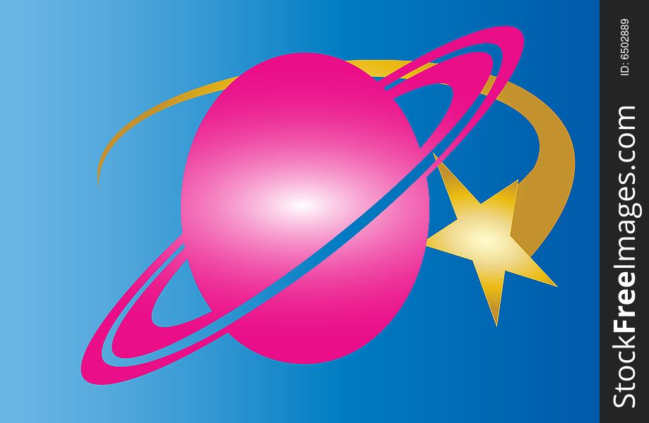 A pink planet with a shooting star in a blue background