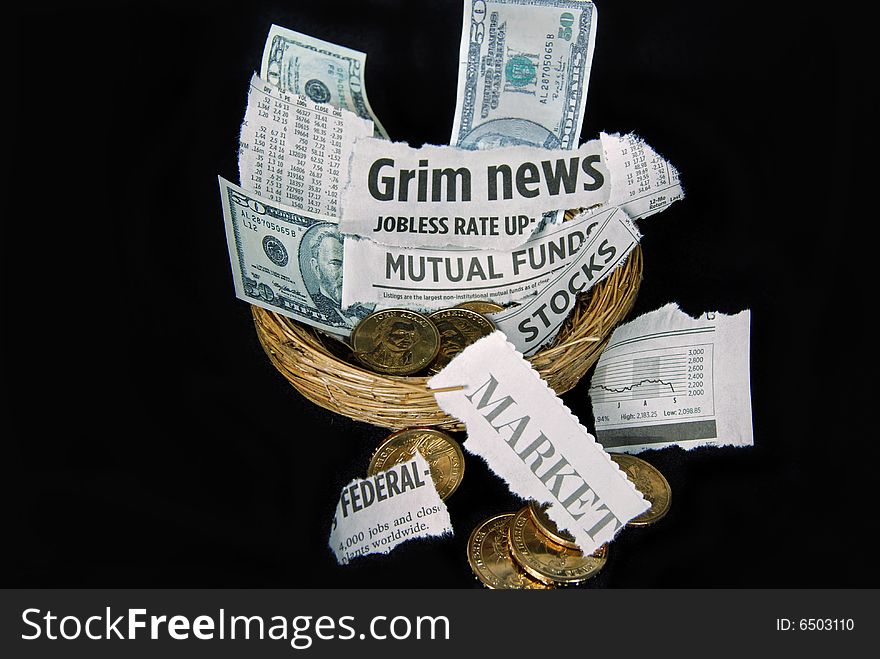 Newspaper clipping and money in a nest. Newspaper clipping and money in a nest.