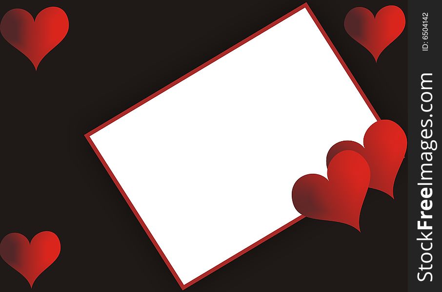 Valentines day greetign card - red hearts, paper and black background. Valentines day greetign card - red hearts, paper and black background