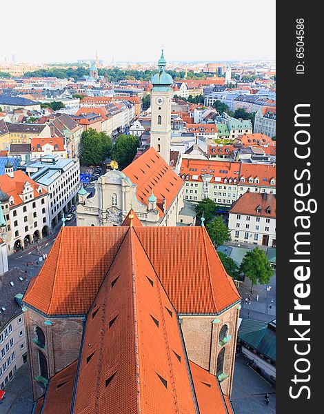 The aerial view of Munich city center from the tower of the Peterskirche