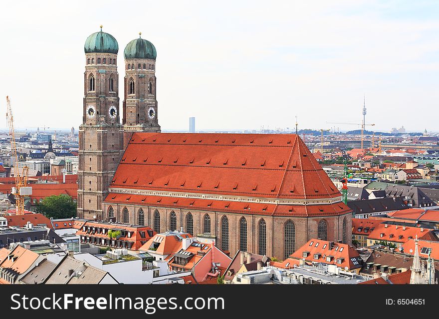 The aerial view of Munich city center from the tower of the Peterskirche