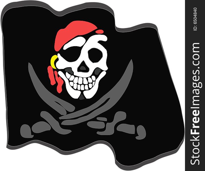 Black pirate flag with two swords and smiling skull.