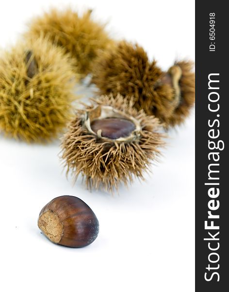 Edible, Ripe Chestnuts - Isolated On White Background