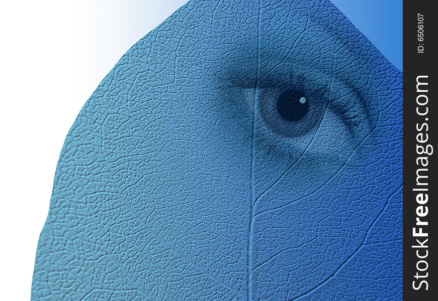 Surreal image of eye overlaid onto blue textured leaf. Surreal image of eye overlaid onto blue textured leaf