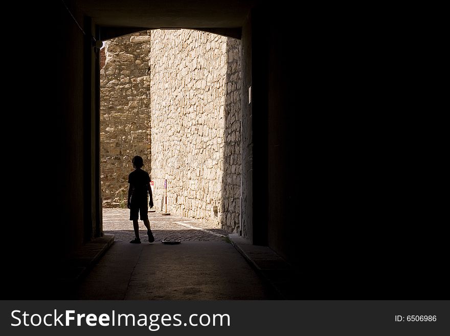 Silhouette passing through a gate at the Budapest royal palace