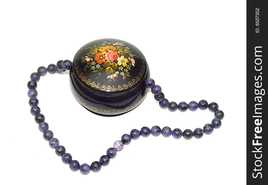 Casket and beads on a white background