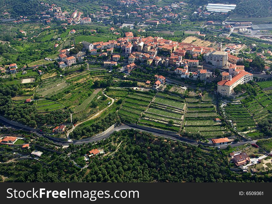 Aerial view of Diano Castello, medioeval and touristic village near Imperia in Liguria, Italy.