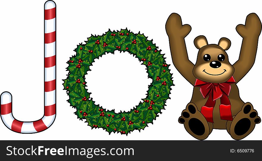 Cartoon graphic depicting Christmas holiday objects spelling word: JOY. Cartoon graphic depicting Christmas holiday objects spelling word: JOY