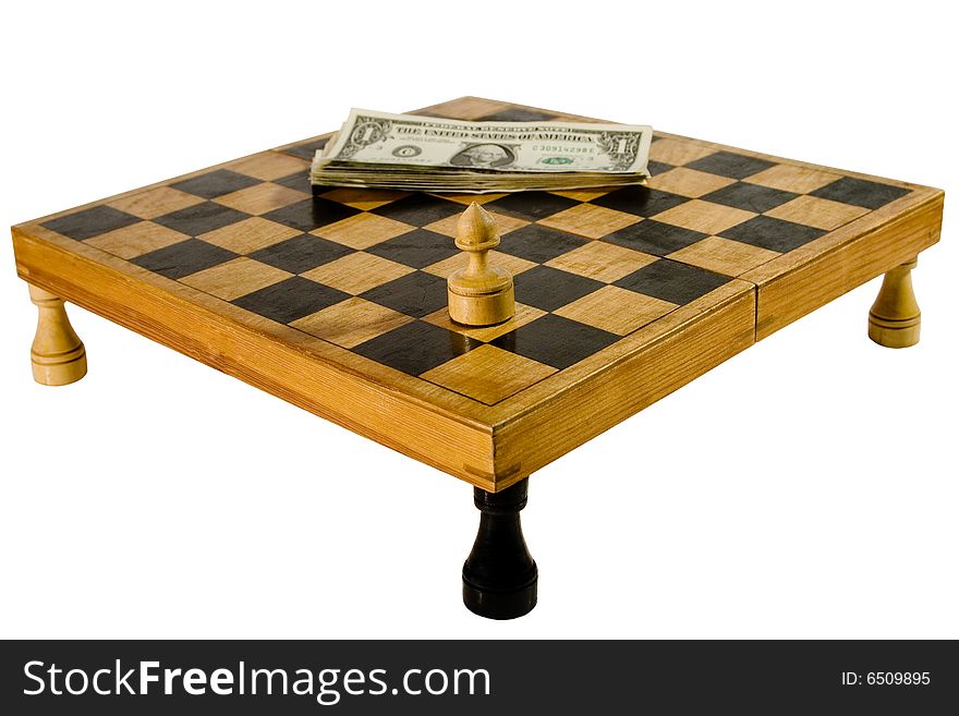 Old wooden chessboard resting upon the rooks, with a pawn and pile of dollars (isolated on white). Old wooden chessboard resting upon the rooks, with a pawn and pile of dollars (isolated on white)