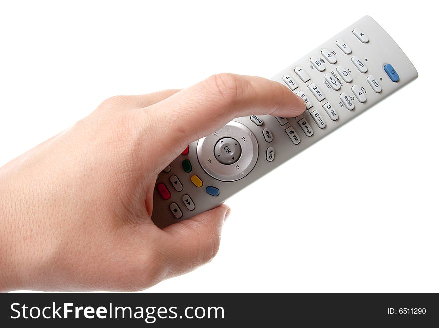 White Infrared remote control in hand on a white background